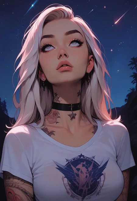 Score_9, Score8_up, Score_7_up, (((High Resolution, Best Quality))), 
1girl, solo, Covered in Tattoos, her hand on her head, brushing hair behind ear, 
Graphic tshirt, tight t shirt, large natrual breasts, cutoff, choker, looking up at sky, 
On a Cliff overlooking a beach, night, night sky, at night, stars, shooting star,