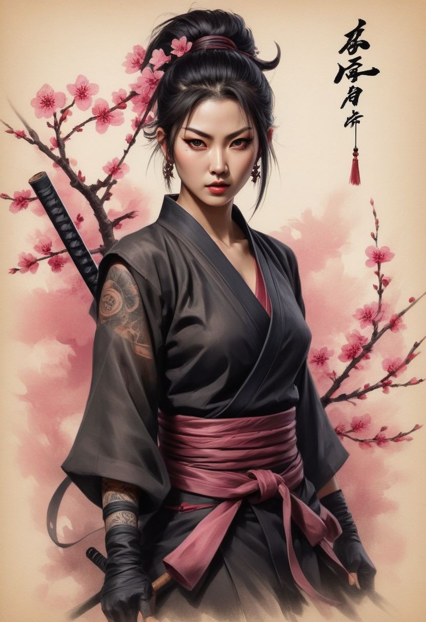ink illustration on parchment, portrait, masterpiece, high resolution, A demon-hunter ninja, Asian, woman, Japanese aesthetics, bronze jewelry, tattoos, eye focus, action pose, cherry bloom. BadDream, DEVIL SPAWN.