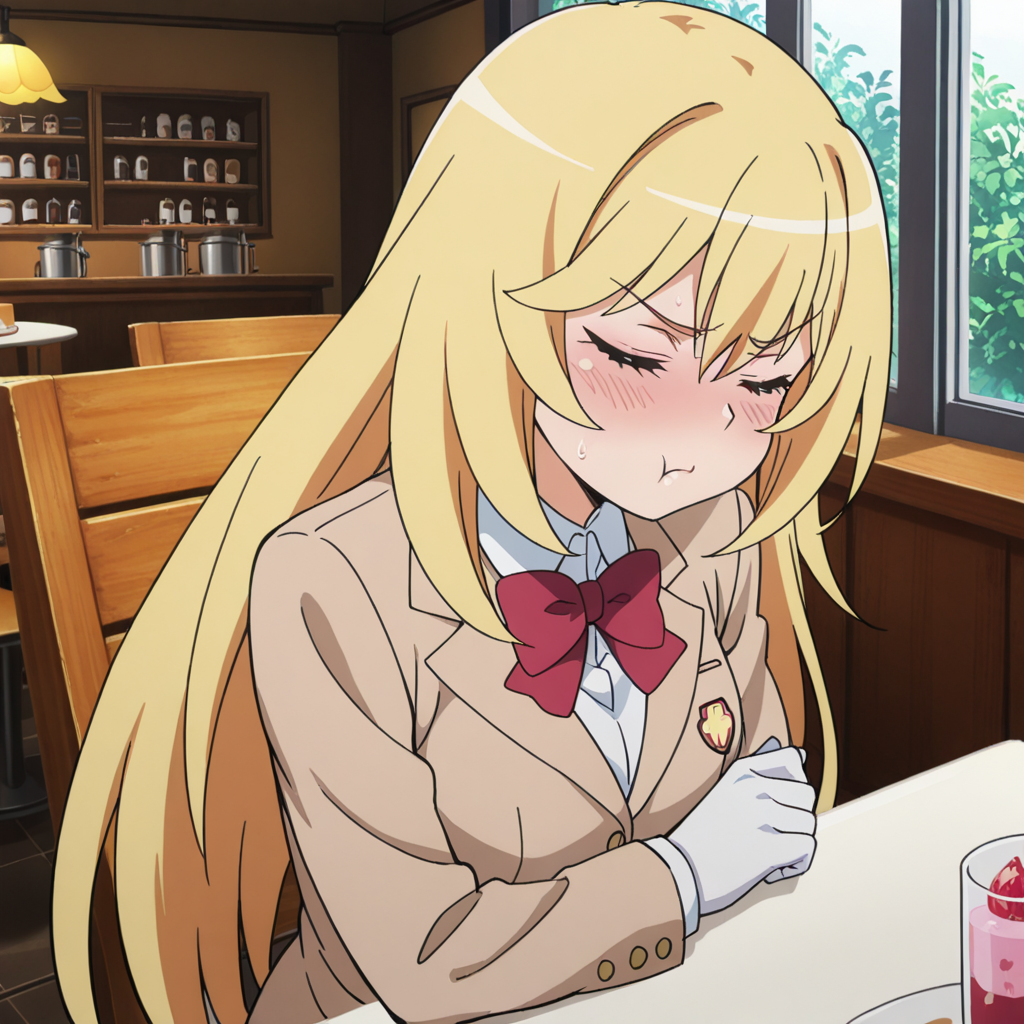 nsfw, masterpiece, best quality, amazing quality, 1girl, solo, sitting, on chair, index_railgun_shokuhou_misaki, blonde hair, tokiwadai school uniform, closed eyes, long hair, white gloves, red bow, blush, :t, jacket, white shirt, red bowtie, pout, collared shirt, indoors, restaurant, blazer, <lora:Shokuhou_Misaki_-_Index_Railgun:0.7>