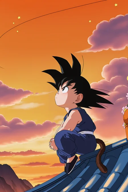 anime screencap, masterpiece, best quality, amazing quality, very aesthetic, absurdres, newest, official style,
son goku, child, solo, black hair, 1boy, sitting, closed mouth, tail, full body, flower, male focus, outdoors, ((sky)), cloud, black eyes, frown, cloudy sky, looking up, spiked hair, star, sunset, serious, mountain, looking afar, dougi, evening, gradient sky, orange sky, monkey tail, sunrise, white sash, hands on foot, sitting on roof, v-shaped eyebrows, male child, from side, shoes, blue pants, blue topwear, black footwear, sleeveless
<lora:SonGoku_IL:0.8>