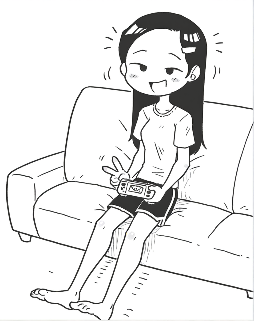 <lora:holidaygaki:1>1girl,  holidaygaki,v, fullbody,sitting,sofa,holding game,gently laugh,looking at viewer, hairpin,  ,masterpiece, best quality,,no sclera,shorts, shirts,Forehead  ,greyscale,comic,,middle breasts,    <lora:rariatto_v2:1> rariatto