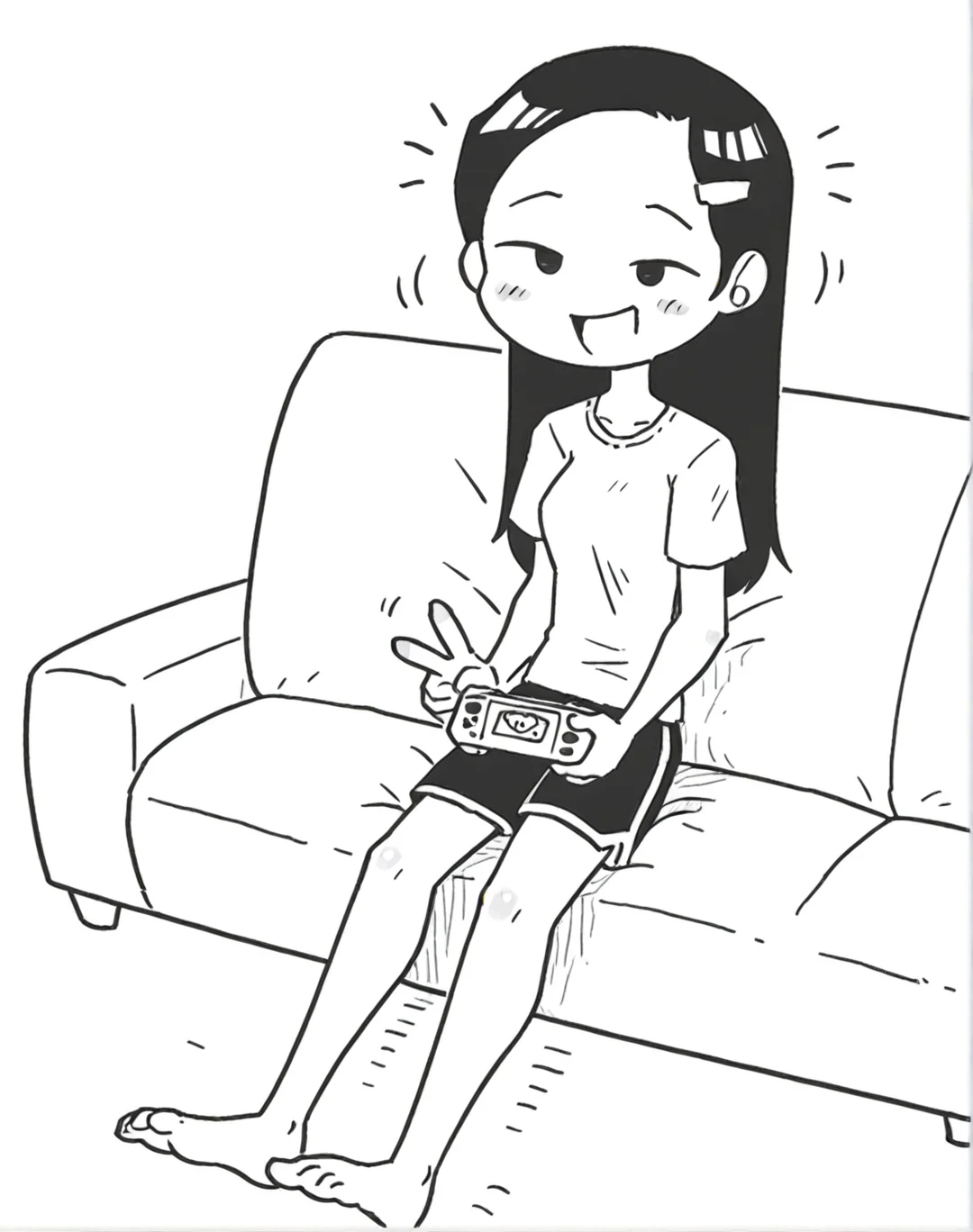 <lora:holidaygaki:1>1girl,  holidaygaki,v, fullbody,sitting,sofa,holding game,gently laugh,looking at viewer, hairpin,  ,masterpiece, best quality,,no sclera,shorts, shirts,Forehead  ,greyscale,comic,,middle breasts,    <lora:rariatto_v2:1> rariatto