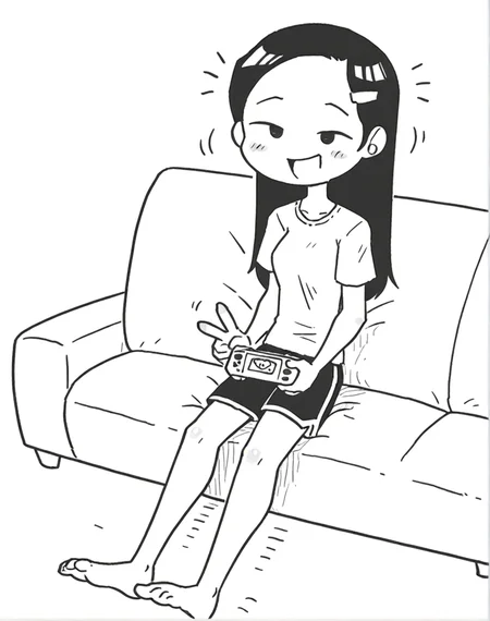 <lora:holidaygaki:1>1girl, holidaygaki,v, fullbody,sitting,sofa,holding game,gently laugh,looking at viewer, hairpin, ,masterpiece, best quality,,no sclera,shorts, shirts,Forehead ,greyscale,comic,,middle breasts, <lora:rariatto_v2:1> rariatto