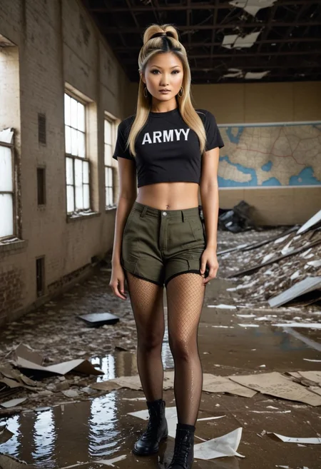 (((SFW)). Kelly Hu, Petite, asian, darkskin,blonde hair, 18 year old Chinese woman, nude, sex, flat chested, earrings, eye liner, cum on body, fishnet stockings, tattoos, double bun, 4k, very detailed, 80sgirlpearl, Scarlett, eyeliner, ((blonde hair)), ((long dark blonde hair)), , BREAK, (((a Brown T shirt with Army Camflauge Pants))),, ((((standup in big abandoned room)))),((litter around)), ((map of city on the wall)), side profile next to a desk, looking at viewer with an intense stare, (OverallDetail:1.2), 24mm f/2.0, 1/60s, ISO 640, destruction, ruined, collapsed, OverallDetail, flooded,