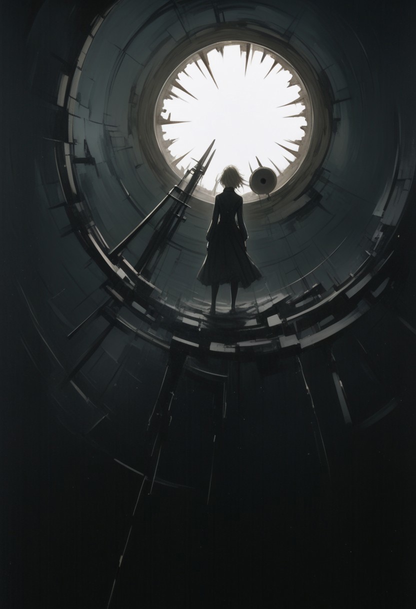young female, liminal space, Synthesis, Phase Twist, pain, Saw, Fourier, Bekeshi and Hole, by Ashley Wood, mechanical and organic background, contrast of light and dark, surreal atmosphere.