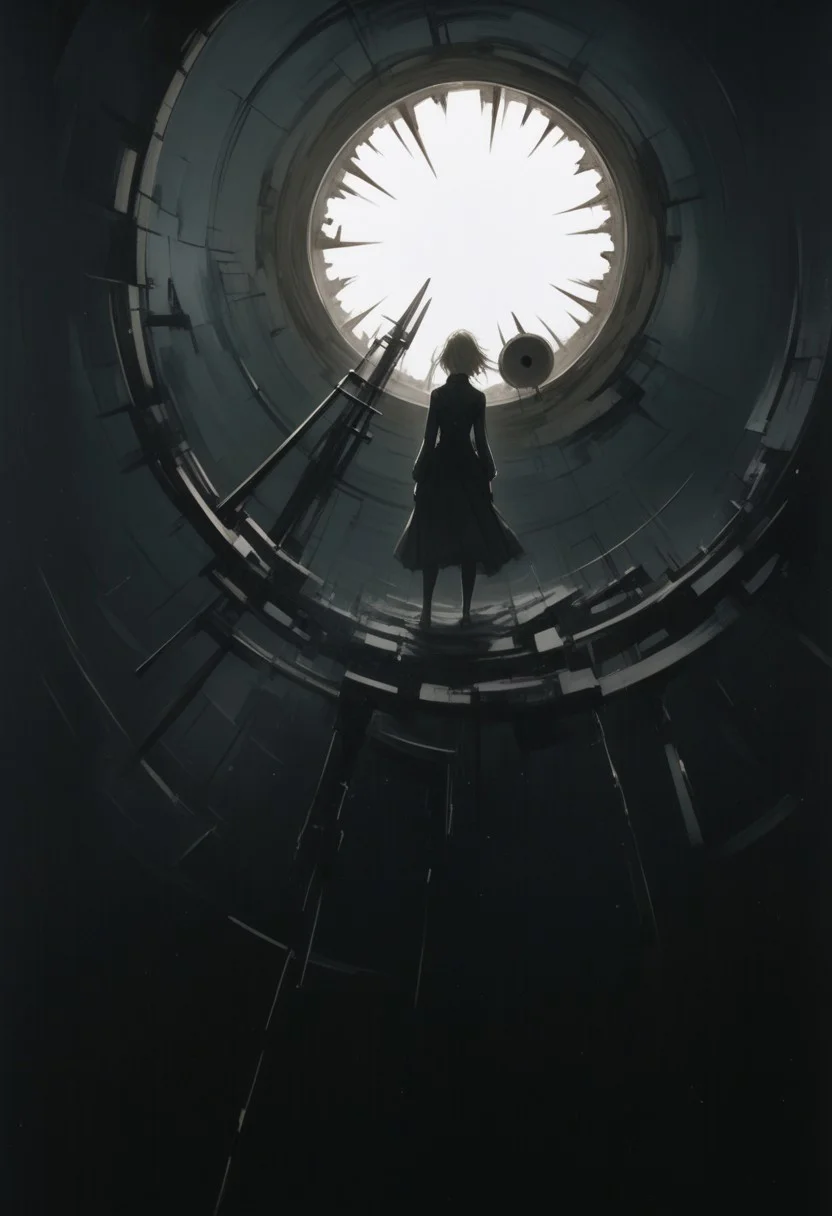 young female, liminal space, Synthesis, Phase Twist, pain, Saw, Fourier, Bekeshi and Hole, by Ashley Wood, mechanical and organic background, contrast of light and dark, surreal atmosphere.