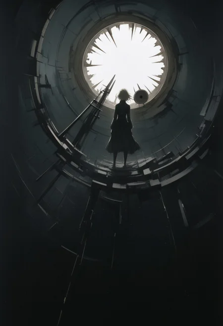 young female, liminal space, Synthesis, Phase Twist, pain, Saw, Fourier, Bekeshi and Hole, by Ashley Wood, mechanical and organic background, contrast of light and dark, surreal atmosphere.