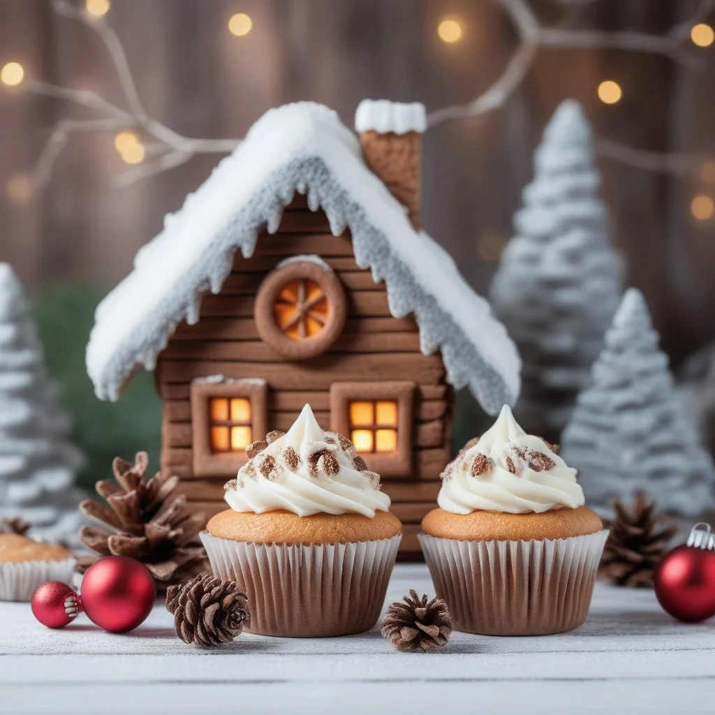 Christmas cupcakes with WHITE frosting and cute GINGERHOUSE on,
on white wood rustic table,
Decoration with natural elements,
twigs,
pine cones and cookies panorama with magic bokeh lihgts,
red shiny ornaments,
snowing