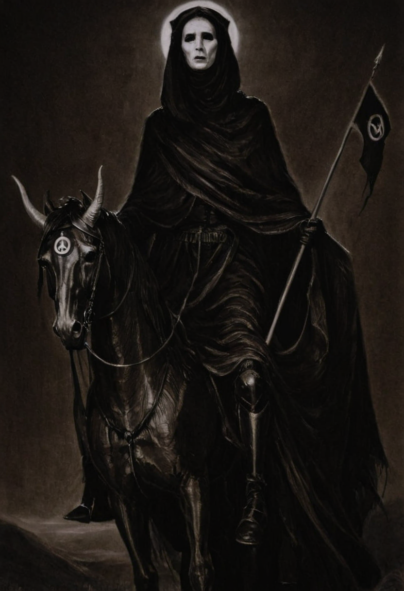 astonishing gloomy art made mainly of shadows and lighting, forming monoxxdr4ws, A dark, monochrome drawing of a draped figure with a somber face riding a horned, three-eyed horse-like creature and carrying a banner with an eye symbol. masterful usage of lighting, shadows and chiaroscuro. made by black-hearted artist, drawing from darkness. best quality, high resolution, surrealist art monoxxdr4ws, A dark, monochrome drawing of a draped figure with a somber face riding a horned, three-eyed horse-like creature and carrying a banner with an eye symbol . dreamlike, mysterious, provocative, symbolic, intricate, detailed