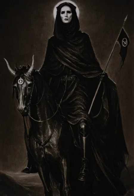 astonishing gloomy art made mainly of shadows and lighting, forming monoxxdr4ws, A dark, monochrome drawing of a draped figure with a somber face riding a horned, three-eyed horse-like creature and carrying a banner with an eye symbol. masterful usage of lighting, shadows and chiaroscuro. made by black-hearted artist, drawing from darkness. best quality, high resolution, surrealist art monoxxdr4ws, A dark, monochrome drawing of a draped figure with a somber face riding a horned, three-eyed horse-like creature and carrying a banner with an eye symbol . dreamlike, mysterious, provocative, symbolic, intricate, detailed