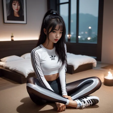 (dark cinematic still, dark vibes) sexy slim skinny one asian girls ,unique, wearing transparent
adidas_spandex_leggings_overrals, unique hair styles, 8k uhd, dslr, high quality, photorealistic, realism, hyperrealism,sitting, bedroom
<lora:sdxl_spandex_leggings_v2:0.6>