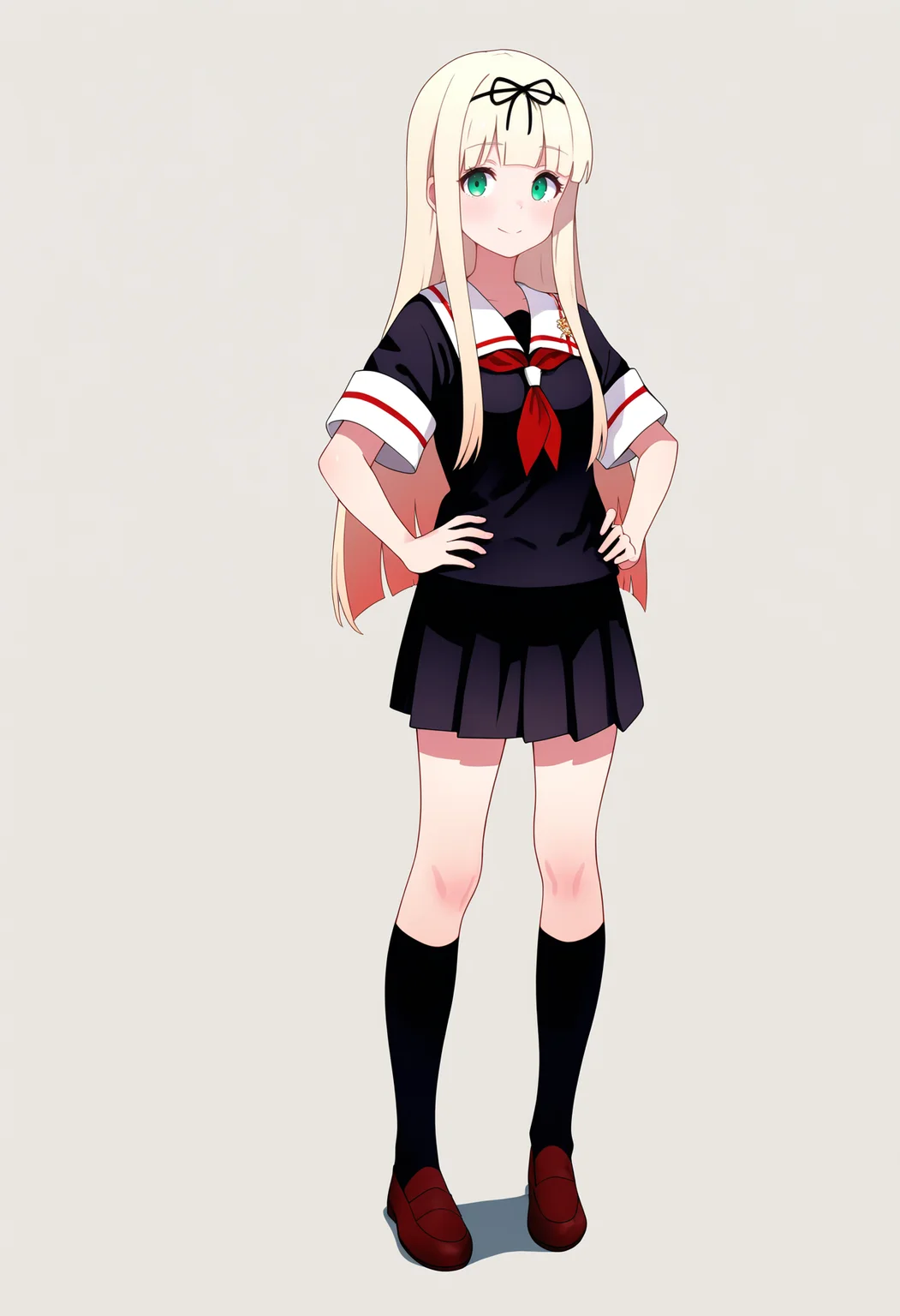 best quality, amazing quality, very aesthetic, absurdres,
1girl, yuudachi, blonde hair, long hair, straight hair, black hair ribbon, bangs, green eyes,
black serafuku, neckerchief, pleated skirt, red neckerchief, school uniform, short sleeves, white sailor collar, black socks, loafers,
hands on hips, standing, full body, smile, looking at viewer, solo, simple background, white background <lora:YuudachiNoobXL_byKonan:1>