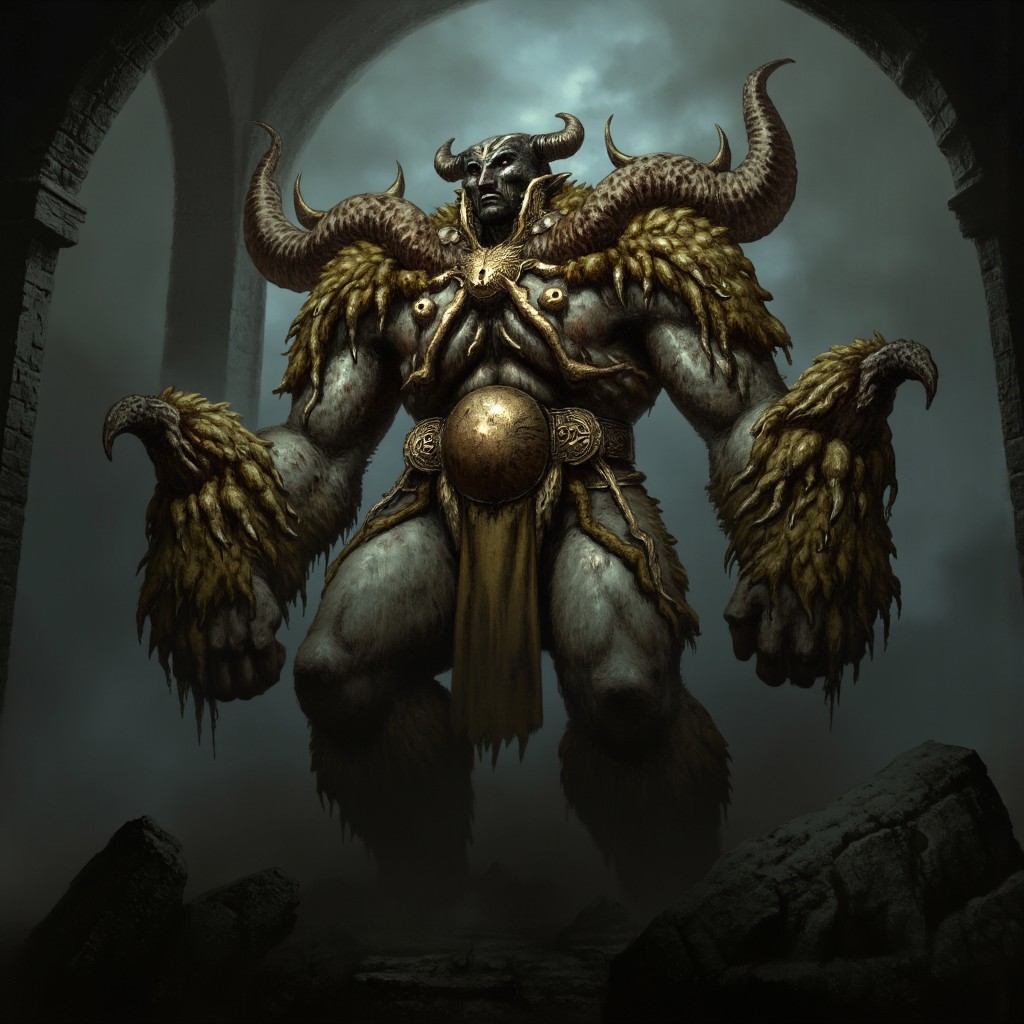 first person pov, 3D01S, simple background atmospheric and powerful dark fantasy, natural organic and first person pov of a 
A towering Golem, crafted from ancient stone and animated by arcane magic, stands as an imposing figure of power. Its body is made of jagged, weathered stone, with cracks glowing faintly from the magical energy flowing through it. Veins of moss and dirt cover parts of its massive form, giving it an ancient, earthy appearance. The golem's muscular arms and legs add to its brutish stature, each step heavy and deliberate, shaking the ground beneath.
Its face is featureless except for glowing hollow eye sockets. Armor-like stone plates cover its body, with bronze or gold accents hinting at its regal, ancient origin. Growing from its back are small, twisted statues or faces, remnants of cursed spirits or multi-consciousness trapped within.
The golem's fists are enormous, capable of crushing anything in their path, sometimes wielding a sharp, curved obsidian blade. A glowing symbol on its forehead or chest signifies the source of its life, tied to an ancient deity or magic. Its slow but powerful movements radiate unstoppable force, making it an awe-inspiring, dangerous guardian of sacred grounds.
UHD letterboxed game trailer frame chromatic aberration dark atmosphere sharp masterpiece with a focus on the character, elden ring style, dark atmosphere, chromatic aberration