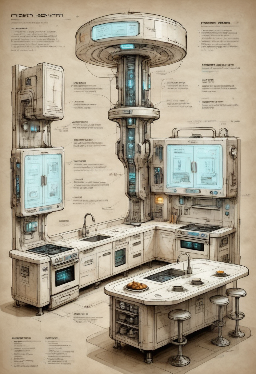annotated schematic on parchment of a sci-fi futuristic kitchen concept with ceiling-mounted robot arms and tall glossy display-panel ovens and cabinetry hologram Tron lights and white surfaces