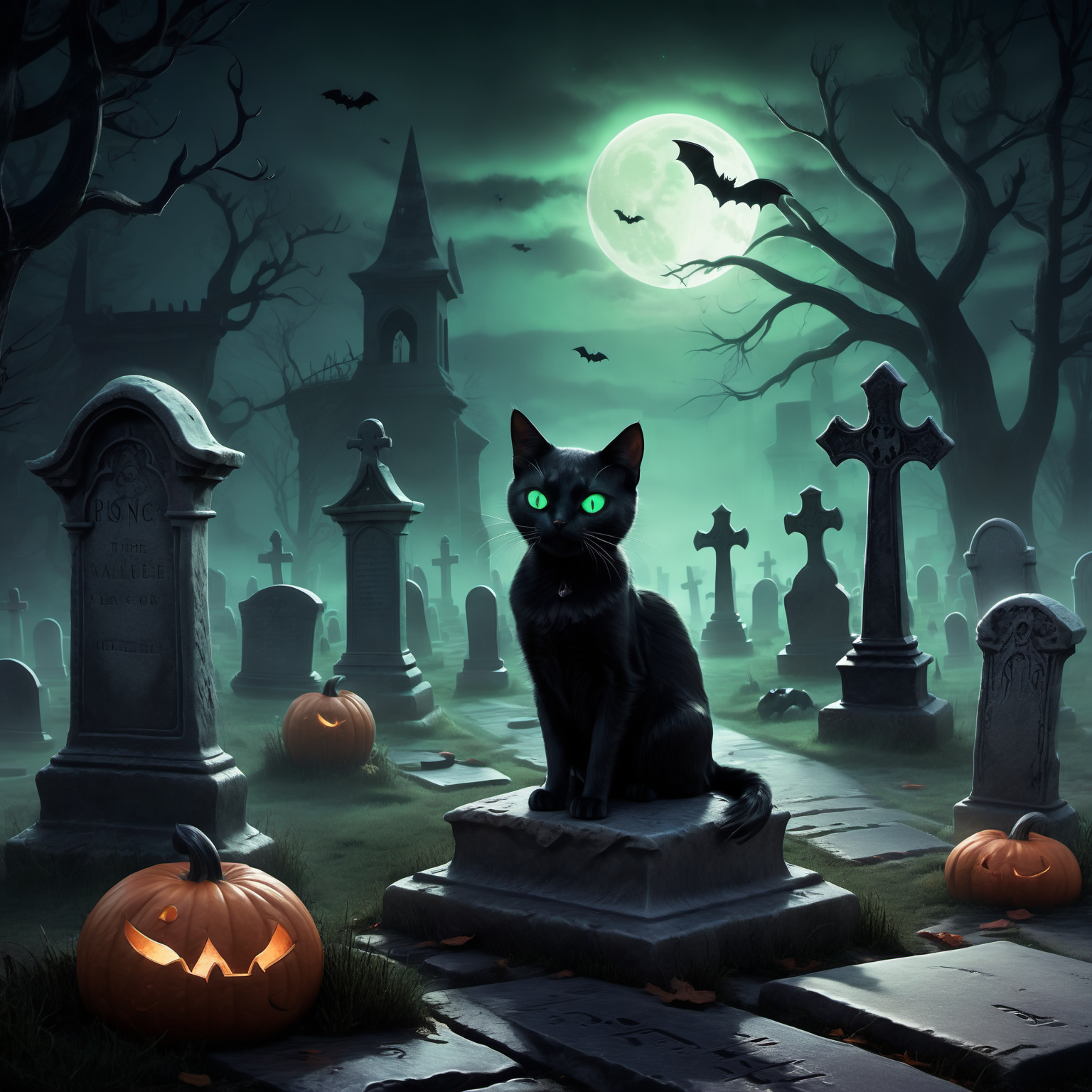 a graveyard on Halloween night, with a mysterious black cat perched on an ancient tombstone. The graveyard is shrouded in darkness, with moonlight casting an ethereal glow on the weathered gravestones. Wisps of fog drift through the air, adding to the eerie atmosphere. The black cat, with its piercing green eyes, adds an element of mystery and superstition to the scene. <lora:halloweenXL:0.8>