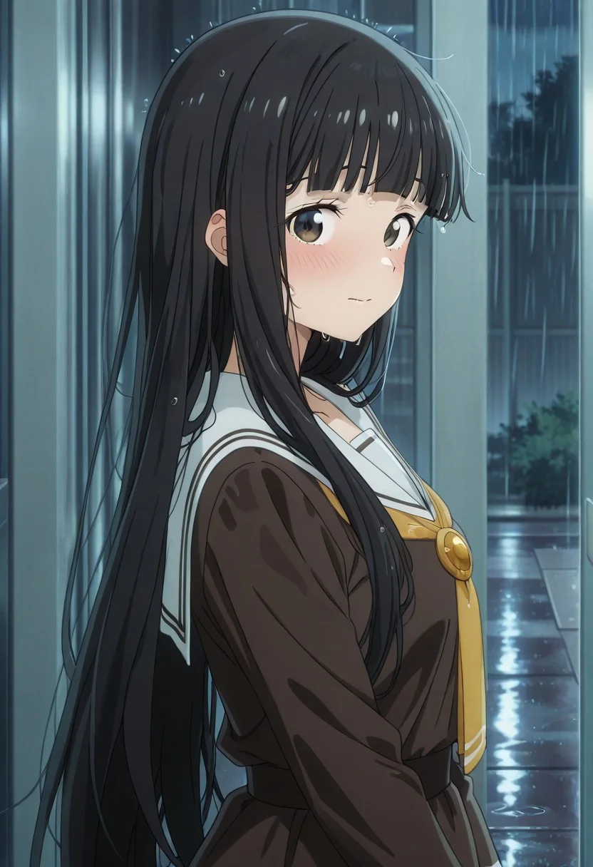 masterpiece, best quality, newest, anime screencap, <lora:nukumizu kaju_makeine_IllustriousXL_epoch-000059:1>, 1girl, kaju-default,nukumizu kaju, brown eyes, perfect eyes, black hair, long hair, blunt bangs,brown dress,dress,long sleeves,white sailor collar, medium breast, shiny skin, wet, wet hair, wet clothes, closed mouth, scared, blush, embarrassed, looking at viewer, side view, bustop, raining, night, perfect anatomy