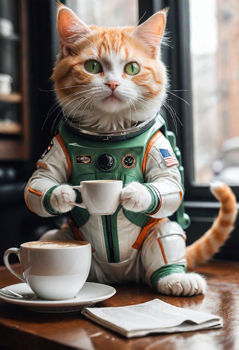 photo-realistic,
higly-detailed,
cat wearing a futuristic space suit,
serious expresssion
a orange and white kitty sipping a mug of hot coffee holding it with it's two front paws,
lapping up the coffee as if it were drinking water,
light green eyes,