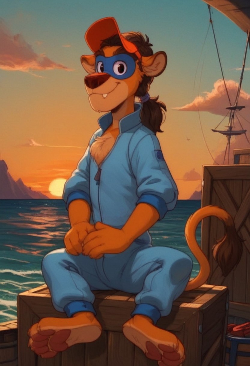 score_7, score_8, score_9, dynamic lighting, detailed background, background is ship dock, dock, (stacked crates), ((ocean)), boats, mountains in distance, ((outdoors)), clouds, sunny, (close up), cowboy shot,
BREAK 
Solo, 1boy, ((anthropomorphic)), furry male, Wildcat, yellow fur, two tone fur, brown hair, hair in ponytail, animal nose, black eyes, slender, animal ears, yellow ears, (yellow tail), feet claws, snaggle tooth, eye mask, fluffy fur, fluffy eyebrows, (fang), chest fur tuft,
BREAK 
sitting on crate, looking at viewer, smiling, jumpsuit, hat, arms crossed,