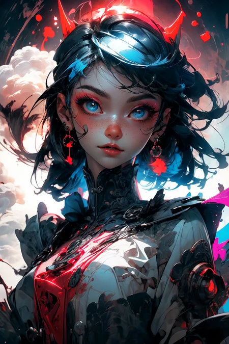 close-up shot, woman, gothic make-up, detailed skin, light freckles, shallow depth of field, OverallDetail
<lora:more_details:0.4>
 <lora:Cosmic anime-oil fusion v2:0.45> 
<lora:AnimeVibesV3:0.3> animevibes, 
<lora:3DMM_V11:0.5> 3DMM 
<lora:midjourney_20230624181825:0.7> midjourney ,
 <lora:LAS:0.5> cloud,colorful,
<lora:msw_locon-t2:0.6>
 <lora:wuxia2:0.6> gu,
 <lora:CyberpunkStyleV1:0.2> PunkAI ,
<lora:CatgirlMaidV1.0-000003:0.35> CatgirlMaid, shiny, shiny hair, shiny skin, shiny clothes