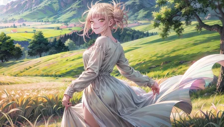 masterpiece, ultrarealism,
1girl, (((white dress, dress, cute dress, linen dress, long dress))), (perfect hands:1.2), Solo, portrait, closeup, view from the back, blond hair, look at the viewer, cute smiling, amazing eyes, detailed eyes,
dazzling rays of the sun, day, amazing background, stands in the center, best shadows, strong depth of field, fields, hill, greenery, grass,
(realistic:1.3), epic realistic, detailed, 4k, <lora:TogaHimikoLoRA:1>, <lora:add_detail:0.95>,