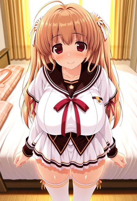 masterpiece,best quality,amazing quality,solo,1girl, galgame cg, Fuuka Himekawa, (large hanging boobs:1.0), red eyes, brown hair, hair ornament, ribbon, ahoge, shiny hair, shiny skin, blush, smile, school uniform, layered dress, long sleeved, red ribbon on clothes, miniskirt, white skirt, white thighhighs, standing, bedroom,