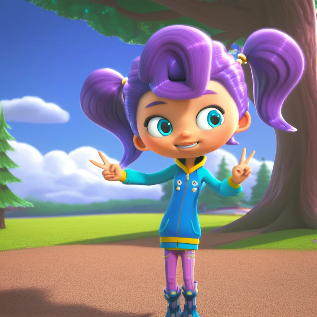 score_9, solo, callie_rc, 1girl, purple hair, twintails, blue eyes, jacket, pants, boots, v, outdoors, tree, clouds