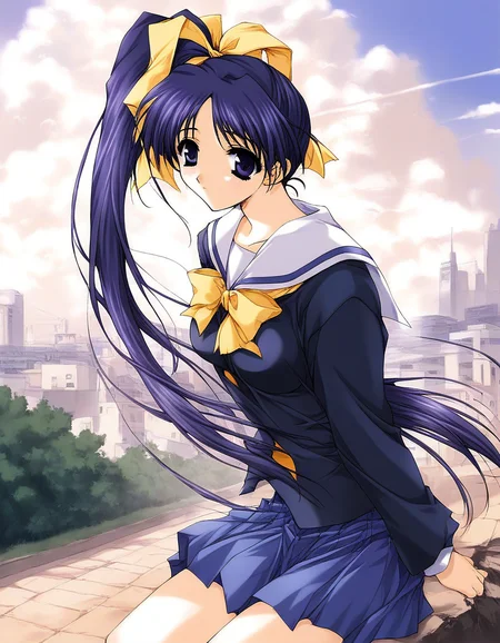 score_9, score_8_up, score_7_up, source_anime, rating_explicit, BREAK  <lora:Itou_Noemi_XL:1> ItouNoemi, long hair, blue hair, blue eyes, hair bow, side ponytail, yellow bow, purple hair, ponytail, hair ribbon, purple eyes, breasts,
school uniform,  skirt, 
outdoor, day,
