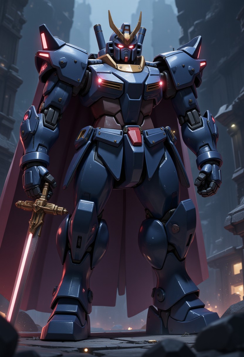 Gundam,professional  scene of (MH-KOG:1.8),mecha,(mecha armor:1.2),(full armor:1.2),glowing eyes,(mechanical horns:1.4),(mechanical helmet:1.5),(full body:1.5),(holding sword:1.5),(large size robot:1.6),
<lora:MORTARHEADD_like_mecha_v1_2:0.8>,octane render,unreal engine,cinematic effects,ultra detailed,volumetric,dramatic lighting,cinematic material,