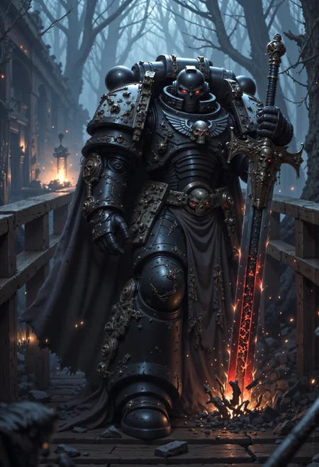 A Powerful BlackT40k space marine, draped in tattered, dark power armor that pulses with a faint, eerie glow, stands on a creaking wooden bridge. He points the tip of a massive, rune-etched sword menacingly at the camera, the blade crackling with dark energy. Shadows swirl around him, and the misty air is thick with tension. red flames flicker within his hollow eyes, reflecting the bridge's warped, splintered planks, over the sword camera view  <lora:FluxBlackT40k:1> <lora:FluxMythP0rtr4itStyle:0.7>