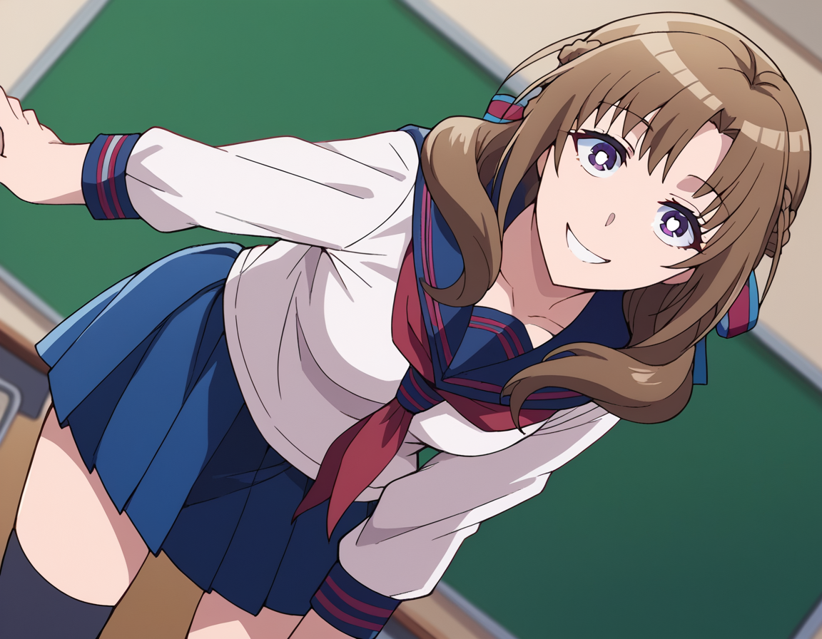 score_9, score_8_up, score_7_up, source_anime,
mamakooosuki, <lora:mamako-oosuki-s1-ponyxl-lora-nochekaiser:1>,
mamako oosuki, long hair, brown hair, purple eyes, hair ribbon, braid, bright pupils, french braid, white pupils,
skirt, school uniform, serafuku, blue skirt, neckerchief, kneehighs, blue sailor collar, blue skirt, red neckerchief,
indoors, classroom, bent over, smile,
looking at viewer, cowboy shot, solo, dutch angle,