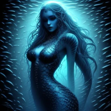 Fullbody black and white photography, beautiful gothic mermaid with flowing locks adorned with pearls and coral, under water, sad face, crying, heterochromia eyes blue and black, 8k, intricate detailed, anne stokes inspired
