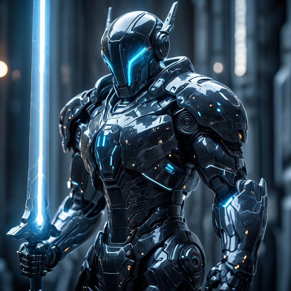 Close up shot of a futuristic robot, holding glowing sword infront of him, standing up, wearing dark tech armor, futuristic spacestation in background, HKStyle, HD, masterpiece, best quality, hyper detailed, ultra detailed, anime image