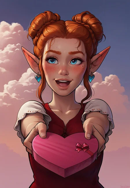 safe_pos, (score_9, score_8_up, score_7_up, score_6_up, score_5_up, score_4_up), source_cartoon, 1girl, sexy, pose, dynamic angle, sexy, elf mage, blue eyes, french braids, ginger hair, earrings, freckles, body freckles, detailed face, hourglass body, Valentine's day, scenery, embarrassed face, <lora:heart-shaped-box-ponyxl-lora-nochekaiser:1>, heart-shaped box, holding, box, gift, valentine, incoming gift, closed eyes, blush, open mouth, outstretched arms, outdoors, night sky, clouds, shouting, heart, upper body, dress, nervous smile