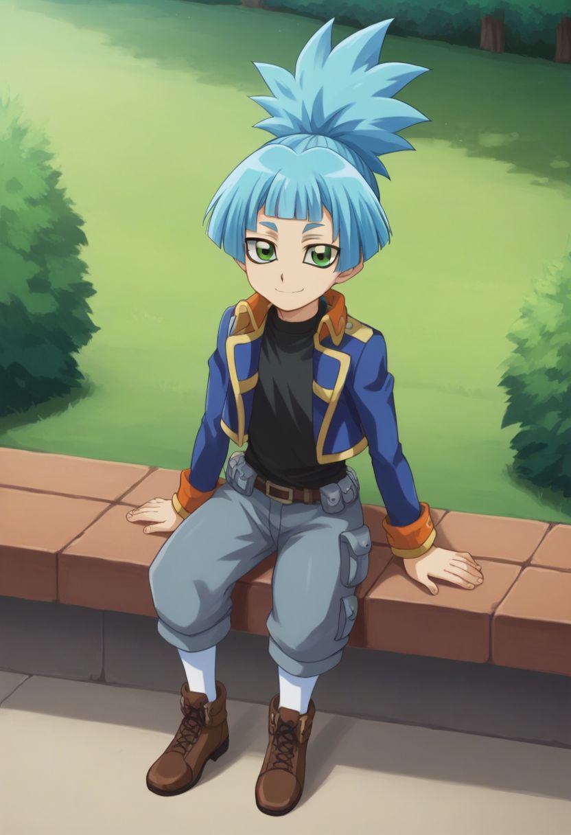 score_9, score_8_up, score_7_up, source_anime, highly detailed, 
sora, solo, 1boy, male focus, green eyes, blue hair, blunt bangs, smile, jacket, ponytail, belt, spiked hair, shorts, open jacket, blue jacket, shirt, black shirt, long sleeves, socks, long socks, shoes, brown shoes,
outdoor, sky, tree, sit,