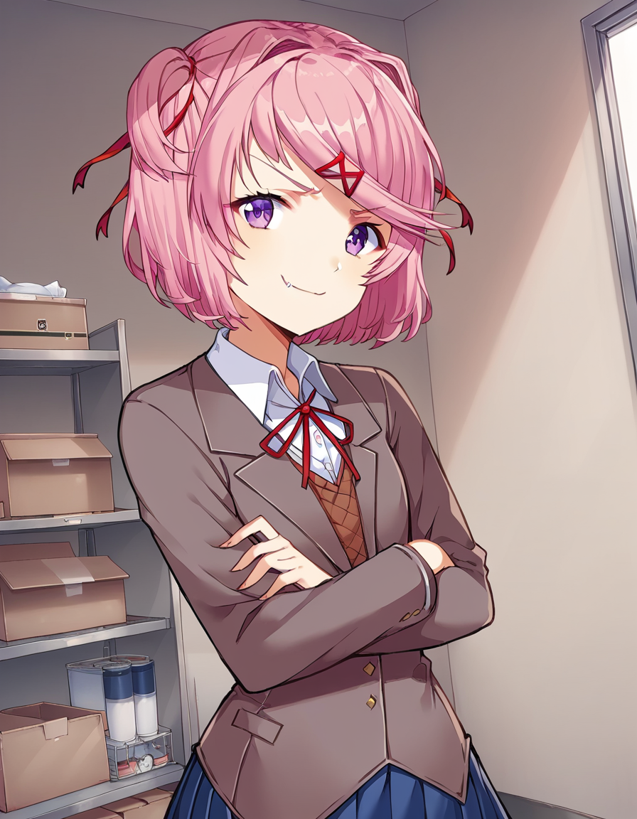 score_9, score_8_up, score_7_up, source_anime, <lora:ddlc-natsuki-ingame-ponyxl-lora-nochekaiser:1>, natsuki, fang, hair ornament, pink hair, purple eyes, short hair, short sidetail, swept bangs, x hair ornament,, blazer, blue skirt, brown jacket, collared shirt, jacket, long sleeves, miniskirt, neck ribbon, pleated skirt, red ribbon, ribbon, school uniform, shirt, skirt, swept bangs, vest, white shirt, wing collar,, storage room, shelves, boxes, clutter, supplies, smile, crossed arms, smug, looking at viewer, solo,, dutch angle, cowboy shot