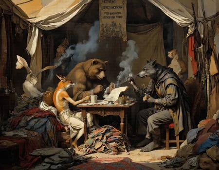 Rembrandt style <lora:funnys:1>, This is a high-resolution, ultra-realistic CGI-rendered illustration reimagining Ilya Repin's masterpiece "The Zaporozhian Cossacks Write a Letter to the Turkish Sultan" with anthropomorphic animal characters. Every detail is rendered with meticulous precision, capturing lifelike textures and lighting that blur the line between reality and artistry. The scene features four distinct anthropomorphic animalsâa bear, a hare, a fox, and a wolfâeach portrayed with anatomically accurate proportions, realistic fur, and expressive human-like gestures., 
At the heart of the composition sits the towering bear, his immense frame draped in a tunic made of coarse, handwoven fabric. His thick fur, rendered with photorealistic detail, shows individual strands catching the sunlight streaming through gaps in the tent roof. Each hair glistens subtly, creating a tactile sense of depth and realism. His weathered face conveys intense emotion as he dictates the letter, his deep-set eyes gleaming with fiery determination while his broad paws gesture emphatically. A faint scar runs along his left cheek, adding to his rugged appearance., 
To his right, the fox perches on a wooden stool, her lithe form poised with practiced elegance. Her sleek orange fur shimmers under the soft golden light, each strand meticulously textured to reflect her movements. She holds a quill pen delicately yet confidently in her slender fingers, pausing occasionally to glance up at the bear with a sly smile before returning to the parchment. Her sharp amber eyes glint with mischief as she adds exaggerated insults to the letter, her whiskers twitching with restrained laughter., 
Nearby, lounging on a pile of intricately patterned woven rugs, is the hare. His lean body reclines against a stack of cushions, his long ears drooping slightly from the warmth of the room. His soft gray fur has been rendered with hyperrealistic precision, showing subtle variations in tone and texture where it catches the light. Dressed in a patched vest and loose trousers, his relaxed posture contrasts humorously with the animated energy around him. In one paw, he cradles a ceramic mug filled with steaming tea, its surface reflecting tiny ripples as he raises it in mock celebration of their defiance., 
Standing at the edge of the group, leaning casually against a wooden support beam, is the wolf. His imposing figure commands attention despite his reserved stance. His dense gray fur is marked with faint scars and dirt smudges, evidence of battles fought and hardships endured. His piercing blue eyes scan the scene with quiet vigilance, betraying a hint of amusement when the others grow particularly boisterous. His cloak, woven from coarse wool, drapes naturally over his shoulders, with every fold and crease rendered in stunning detail., 
The setting is brought to life with breathtaking realism: the makeshift tent is constructed from weathered canvas, its fibers frayed and stained with age. Sunlight filters through cracks in the roof, casting dynamic shafts of light across the scene and highlighting dust particles suspended in the air. Rough-hewn wooden furniture fills the spaceâbenches, stools, and tables carved with visible tool marksâand colorful woven rugs cover the earthen floor, their intricate patterns rendered with photographic clarity. Weapons hang from pegs on the walls, including sabers and muskets, their metallic surfaces reflecting soft highlights., 
On the central table lies the half-written letter, its parchment illuminated by the natural light. Ink stains dot the edges of the paper, and scattered inkpots and quills sit nearby, some tipped over from the chaos of writing. Empty mugs and plates litter the area, remnants of a recent meal shared among comrades. Above the bustling scene hangs a faded banner bearing the inscription: "Freedom cannot be tamed.", 
Every element of this ultra-realistic depictionâfrom the delicate reflections on the ceramic mugs to the fine hairs of the animalsâ furâis crafted with extraordinary attention to detail. The result is an immersive visual experience that captures not only the humor and camaraderie of the original painting but also elevates it into a world where these anthropomorphic characters feel alive, tangible, and utterly convincing., ultrarealistic . Baroque, chiaroscuro, realistic, emotional, "flat lighting