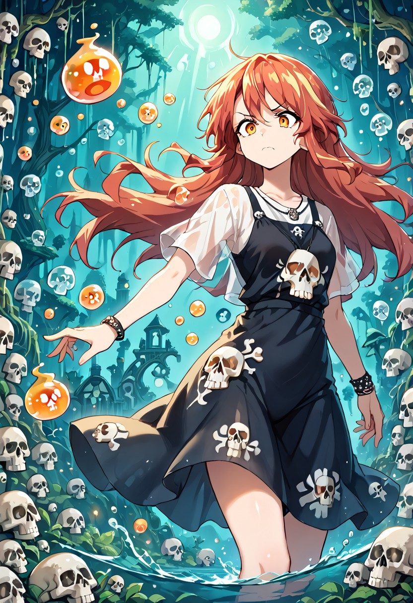 score_9, score_8_up, score_7_up,source_anime, masterpiece, high score, great score, absurdres, slimes_skullwm, made of skulls, dual-faced anime girl with two stylized skulls partially submerged in amber slime, golden shimmer along translucent shoulders, one skull smiles while the other frowns, floating calmly inside a bubble chamber made of slime and bone fragments