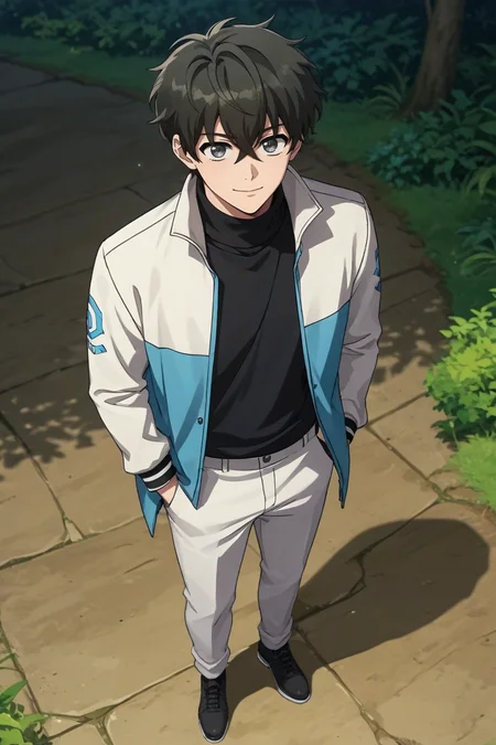 score_9, score_8_up, score_7_up,score_6_up,score_5_up,score_4_up,source_anime,BREAK, rating_safe, intricate details , , , anime screencap, anime coloring, official style, depth of field,1boy, solo, male focus , , , <lora:hajin:0.72>,kim hajin, black hair,grey eyes, short hair,hair between eyes,long sleeves,shirt,black t-shirt, closed mouth, standing, jacket, full body, shoes, pants, black footwear, looking at viewer, smile,open mouth, white jacket,high collar jacket, white pants, hand in pocket,from above , , , <lora:sdxl_lightning_8step_lora_315544:1>