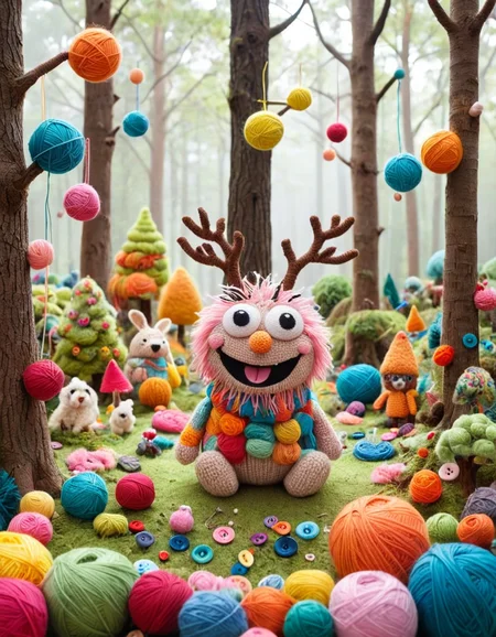 yrnwrld, A whimsical and humorous scene featuring a playful creature completely made of colorful yarn, frolicking in a vibrant yarn forest. This charming character has oversized googly eyes and a goofy grin, with its fluffy, textured body resembling a patchwork of bright yarn strands in various hues. Surrounding it, the forest is alive with yarn trees, their branches draped with cascading threads and playful pom-poms. The ground is a soft, plush carpet of yarn, dotted with whimsical, oversized buttons and playful knitting needles sticking out like trees. The atmosphere is filled with laughter and joy, as the yarn creature joyfully interacts with other yarn animals, creating a delightful and lighthearted tableau that sparks imagination. <lora:Yarnworld:0.4>âââ