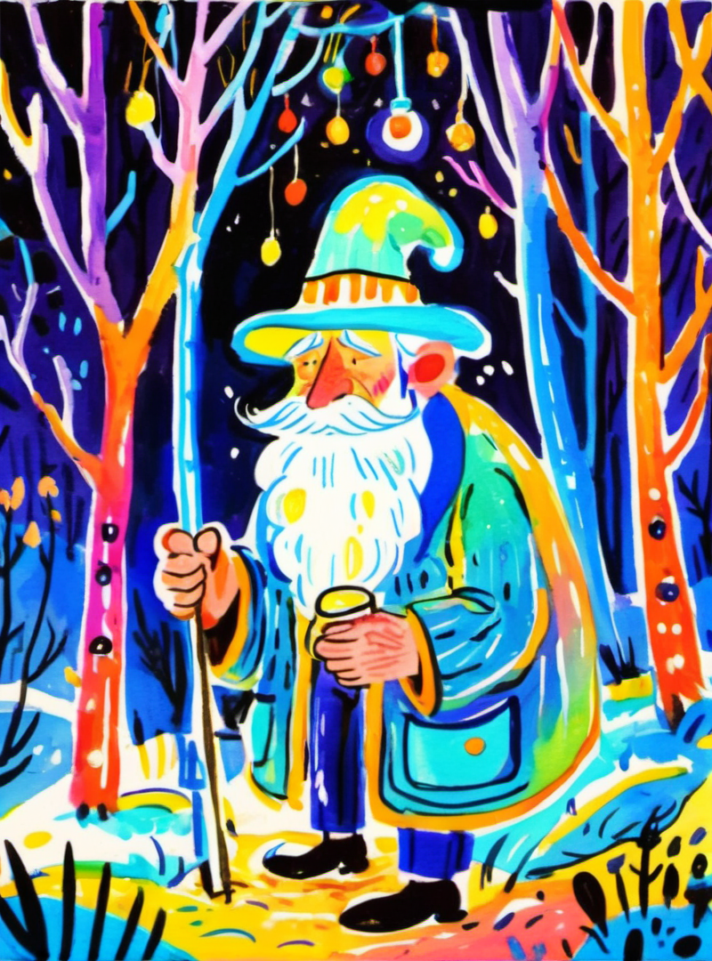 <lora:æ½è±¡-000016:0.8>,cartoon,illustrated,colorful,whimsical,forest,night,lights,vibrant colors,seasonal,art,decoration,old man,