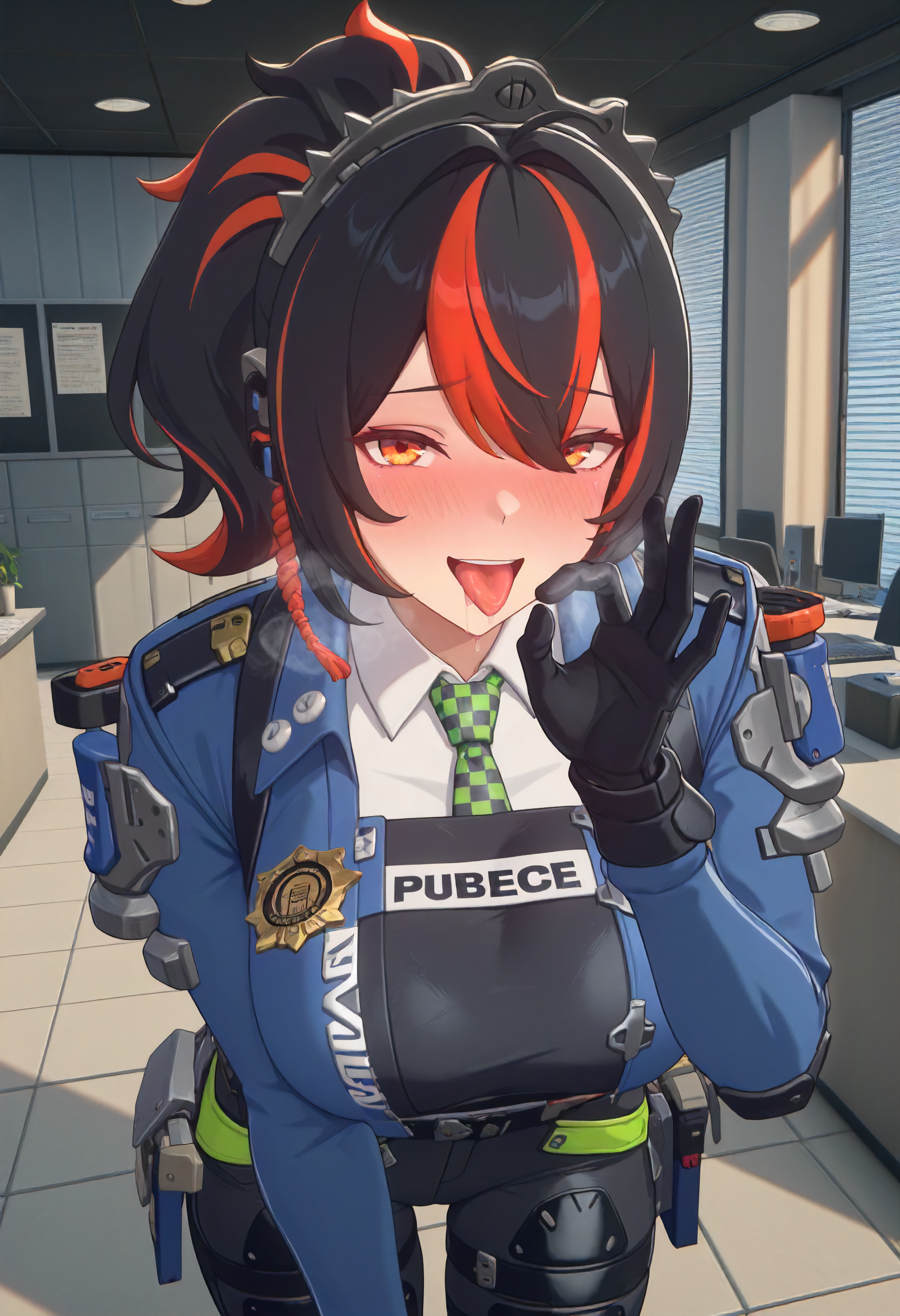 masterpiece, best quality, amazing quality, very aesthetic, absurdres, newest, scenery, volumetric lighting, perfect eyes, ultra detailed,
1girl, Zhu Yuan, solo, multicolored hair, black hair, red hair highlights, hair ornament, orange eyes, earphone, 
police uniform, checkered tie, black gloves, black pants, 
looking at viewer, fellatio gesture, open mouth, tongue out, drool, nervous grin, shy smile, blushing, visible breath,
office, police office background, detailed background,
<lora:Zhu_Yuan_-_Zenless_Zone_Zero_ZZZ__Illustrious:0.8>
masterpiece, best quality, amazing quality, very aesthetic, absurdres, newest, scenery, volumetric lighting, perfect eyes, ultra detailed,