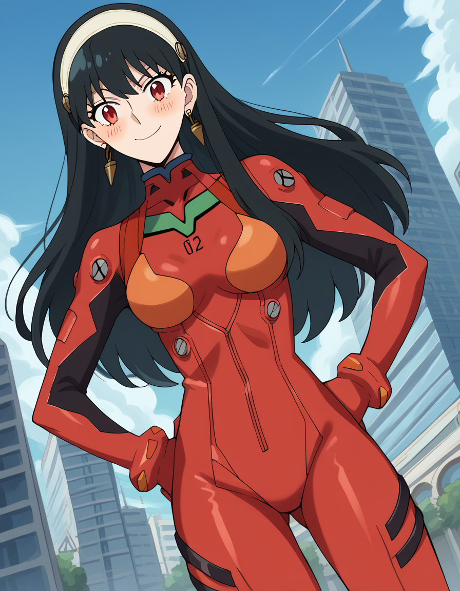 score_9, score_8_up, score_7_up, source_anime, yorbriar, <lora:yor-briar-s1-ponyxl-lora-nochekaiser:1>, yor briar, black hair, red eyes, earrings, white hairband, hairband, long hair, sidelocks,, <lora:souryuu-asuka-langley-cosplay-ponyxl-lora-nochekaiser:1>, souryuuasukalangleycosplay, souryuu asuka langley \(cosplay\), bodysuit, pilot suit, plugsuit, red bodysuit, interface headset,, cityscape, smile, blush, hands on hips,, cowboy shot, dutch angle,