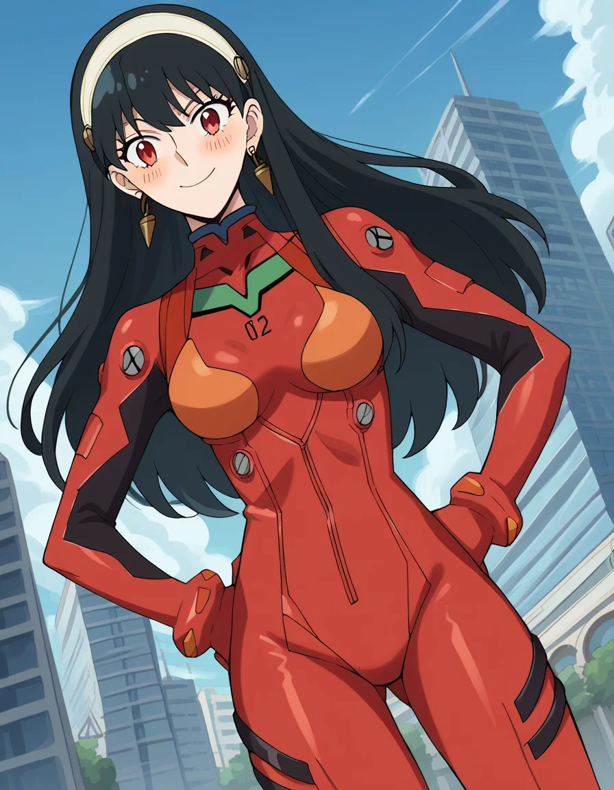 score_9, score_8_up, score_7_up, source_anime, yorbriar, <lora:yor-briar-s1-ponyxl-lora-nochekaiser:1>, yor briar, black hair, red eyes, earrings, white hairband, hairband, long hair, sidelocks,, <lora:souryuu-asuka-langley-cosplay-ponyxl-lora-nochekaiser:1>, souryuuasukalangleycosplay, souryuu asuka langley \(cosplay\), bodysuit, pilot suit, plugsuit, red bodysuit, interface headset,, cityscape, smile, blush, hands on hips,, cowboy shot, dutch angle,