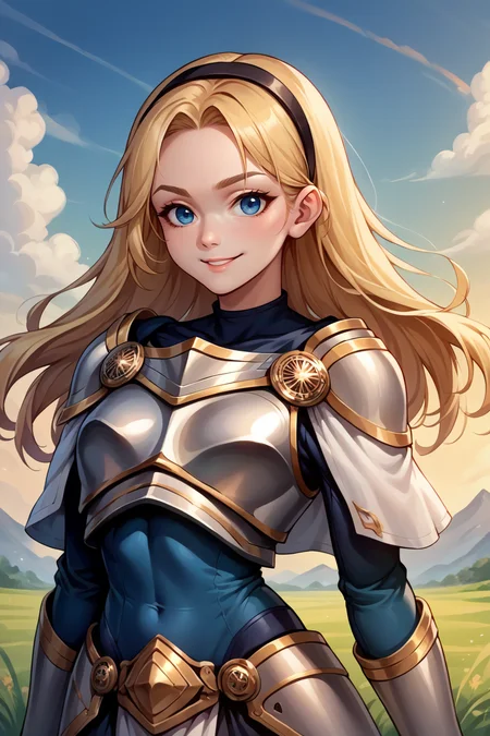 score_9, score_8_up, score_7_up, score_6_up, source_anime, 1girl, solo, <lora:lux-pdxl-nvwls-v1-000005:1> deflux, blonde hair, blue eyes, long hair, black hairband, armor, blue bodysuit, long sleeves, blue sleeves, bracers, white gloves, armored boots, looking at you, blue sky, clouds, upper body, sunset, field, happy, serene smile