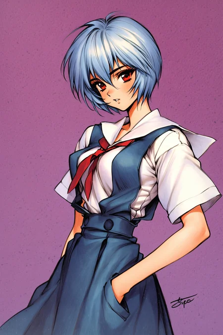 1girl,ayanami rei,solo,red eyes,short hair,school uniform,blue hair,tokyo-3 middle school uniform,signature,short sleeves,hair between eyes,suspender skirt,purple background,bangs,purple theme,shirt,cowboy shot,looking to the side,skirt,white shirt,looking at viewer,parted lips,suspenders,traditional media,
<lora:Masamune Shirow_XL:0.8>,