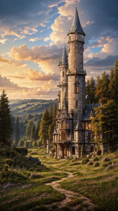 realistic analog photo, award winning photo,
<lora:Wizard_Tower:0.75> witow, castle, cloud, cloudy sky, grass, no humans, scenery, sky, tower, tree, <lora:Fantasy_Mountains:0.75> fanmou, footprints, forest, grass, nature, no humans, outdoors, sky, tree,
RAW, highres, 8k, uhd, High Dynamic Range, tonemapping, crisp details,