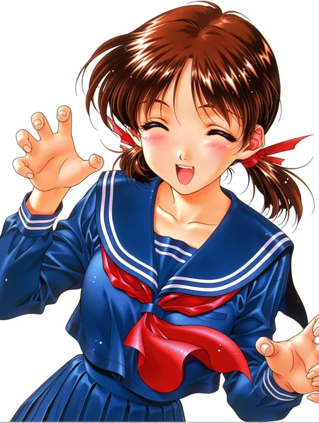masterpiece,best quality,newest,
1girl,solo,
1990s \(style\),retro artstyle,<lora:adachi_taeko_ilxl_v1.0:1>,a_taeko,brown hair,brown eyes,hair bow,low twintails,t_clothes,blue serafuku,long_sleeves,blue pleated skirt,
<lora:Fixhands_anime_bdsqlsz_V1:1>,face_focus,looking_at_viewer,open_stance,standing,light_blush,white_background,claw pose,laughing,closed eyes,simple_background,