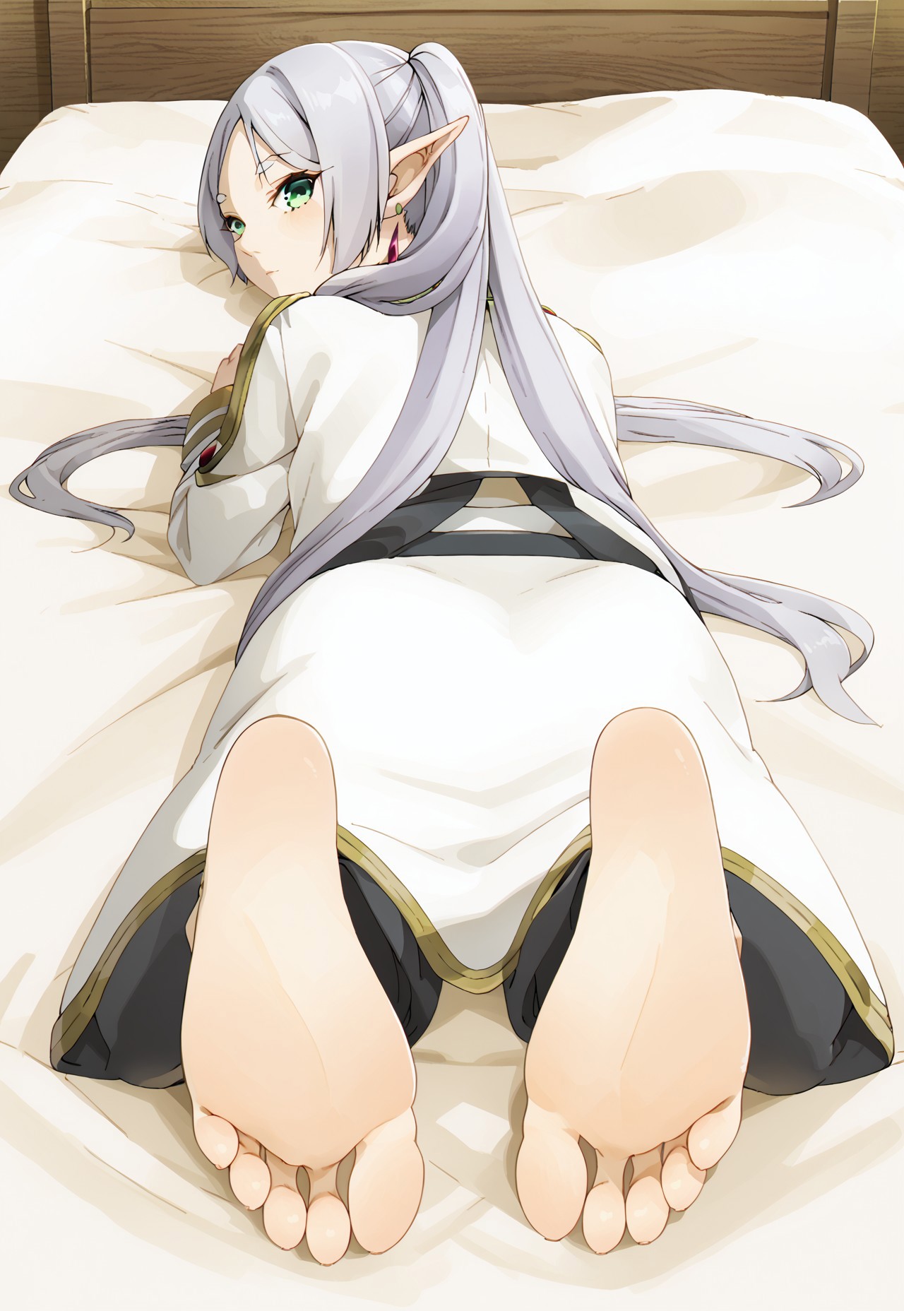 sfrieren, 1girl, barefoot, bed, feet, green eyes, grey hair, long hair, looking at viewer, looking back, lying, on stomach, pointy ears, soles, toes, twintails, maburoku, sousou no frieren, rear view, feet up, feet together, foreshortening, close up