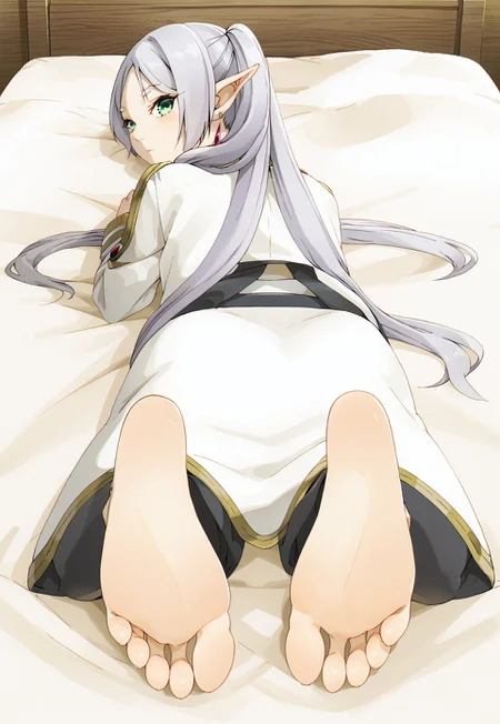 sfrieren, 1girl, barefoot, bed, feet, green eyes, grey hair, long hair, looking at viewer, looking back, lying, on stomach, pointy ears, soles, toes, twintails, maburoku, sousou no frieren, rear view, feet up, feet together, foreshortening, close up