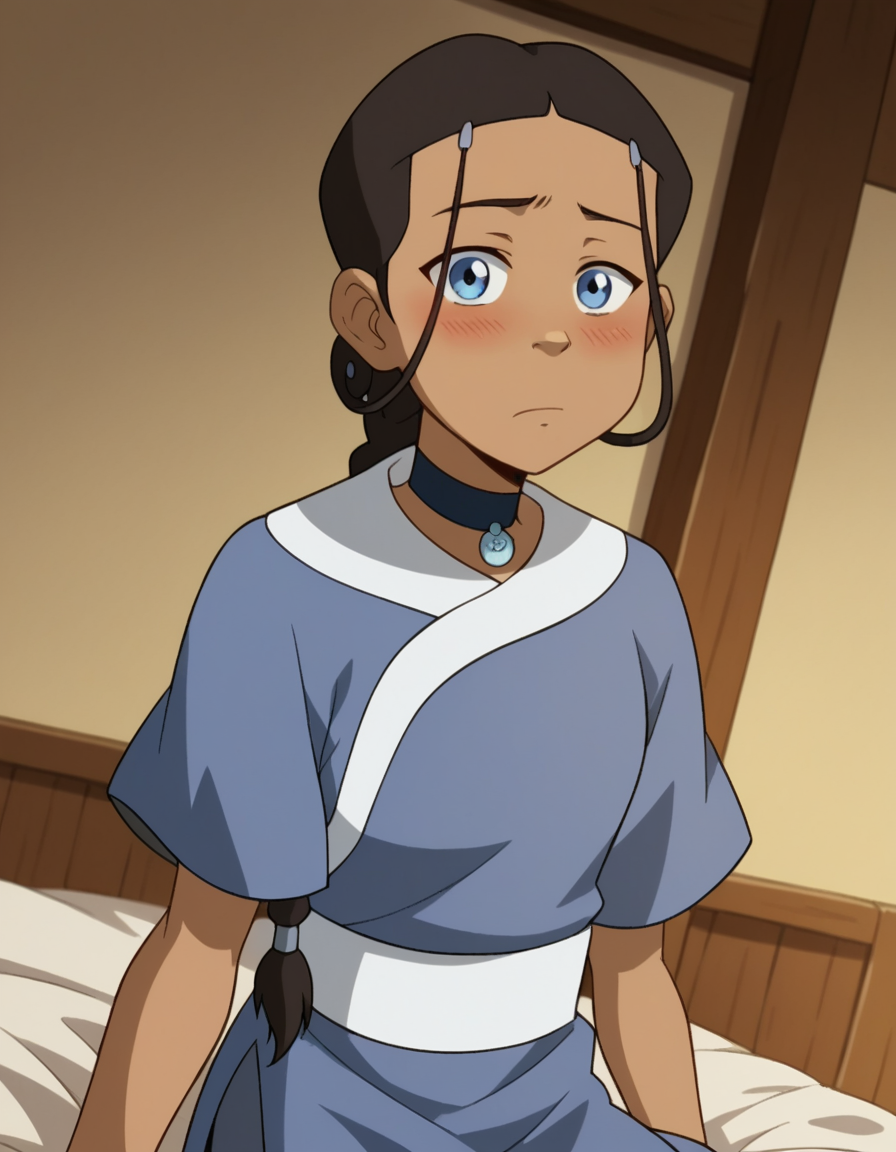 score_9, score_8_up, score_7_up, source_anime, <lora:katara-book2-ponyxl-lora-nochekaiser:1>, katara, long hair, blue eyes, brown hair, black hair, hair ornament, hairclip, braid, single braid, braided ponytail, dark skin, dark-skinned female, choker, short sleeves, robe, blue robe, sash,, indoors, bed, bed room, on side, blush, drunk, looking at viewer, solo, cowboy shot, dutch angle